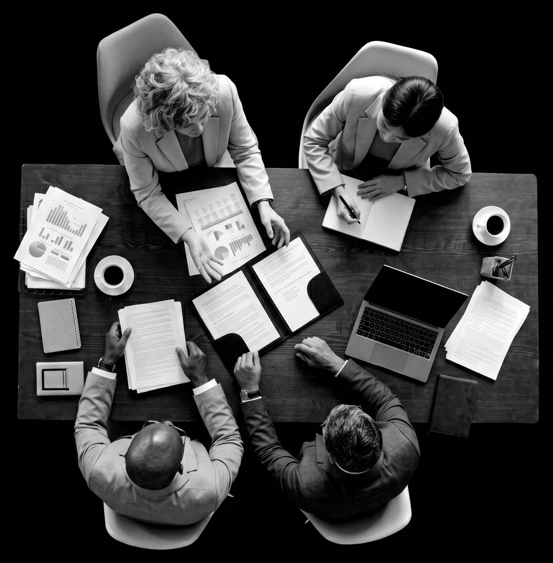 Four people around a table, contracts and printed schedules open in front of them
