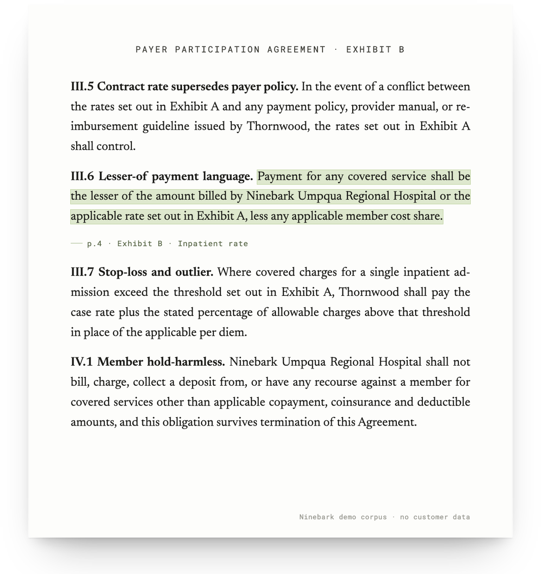 A page of an executed agreement with the lesser-of payment clause highlighted, labelled with the page and exhibit it came from